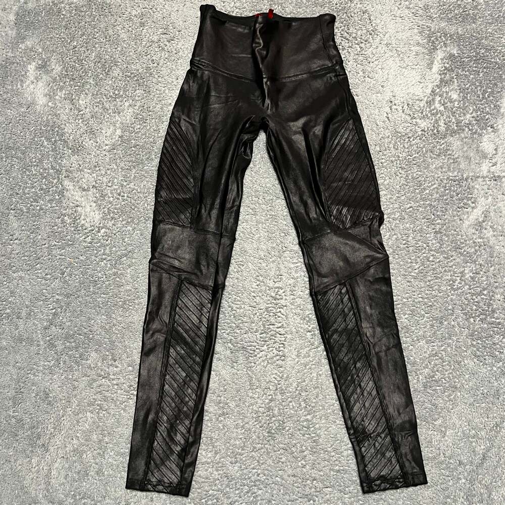 Spanx Leggings Womens Large Faux Leather Moto  Black Shiny 20136R